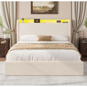 Full LED Bed Frame with 4 Storage Drawers and Storage Headboard, Soft Boucle Upholstered Platform Bed Frame with Charging Station and USB Ports, Solid Wood Slats Support, No Box Spring Needed, Cream(Cream)