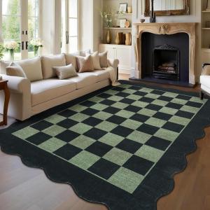Garvee 10×13 Large Scalloped Area Rug for Living Room Neutral Dining Room Rug Minimalist Checkered Office Carpet Low Pile Washable Bedroom Rugs Black and Green Rug