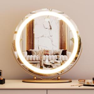 Garvee 19 in Vanity Mirror with Led Lights, Large Round Makeup Mirror with Touch Control and 3 Color Lighting Modes, Round Vanity Mirror for Bedroom, Tabletop, Living Room, Easy to Install, Gold(Gold)