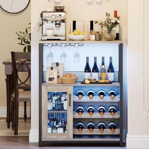 Garvee 3-Tier Wine Bar Cabinet with Lights, Liquor Cabinet with Wine Rack & Glass Holder, Coffee Bar with Storage & Door, Sideboard Buffet Bar for Living Room, Dining Room, Kitchen, Brown(Grey & Led Light)