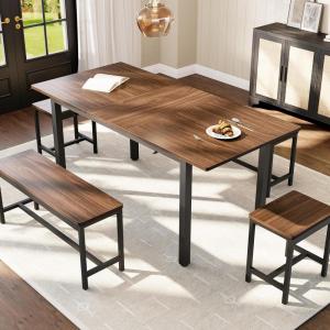 Garvee 5 PCs Extendable Dining Table Set for 4-8 People, 63 in Kitchen Table with 2 Benches & 2 Stools, Modern Dining Room Furniture, Easy Assembly Metal Frame(Brown)