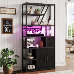 Garvee Bar Cabinet with LED Lights, 71.2 in Tall Wine Liquor Cabinets with Power Outlets and Glass Holder, Coffee Bar Station for Living Room, Microwave Stand Bakers Rack Cabinets(Black)