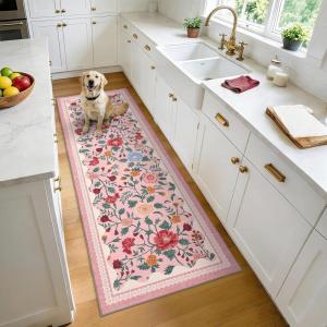 Garvee Bathroom Runner Rug 2×6 Machine Washable Non-Slip Kitchen Runners for Hallways Soft Low Pile Lightweight Long Carpet Rugs Farmhouse Indoor Floor Mat for Bedroom, Bathroom Beige(Pink)