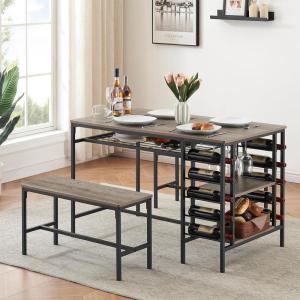 Garvee Dining Table Set for 4, Kitchen Table Set for 4 with 2 Benches, 3 Piece Dining Room Table Set for Small Space Apartment, Black(Grey)