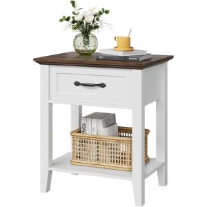 Garvee End Table with Drawer, Nightstand with 2 Tiers Storage Shelves, Side Table with Dresser, Bedside Table for Living Room, Bedroom, Dorm, Grey(White & Brown)