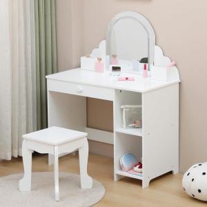 Garvee Kids Vanity with Lighted Mirror & Stool, Little Girls Vanity with Adjustable LED Light, Storage Drawer & Shelves for Girls 3-9, Pink(Pure White)