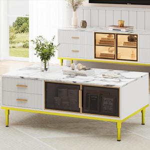 Garvee Large Coffee Table for Living Room Modern White, Faux Marble Top with 4 Drawers & Glass Doors Storage, Fluted Panel Design, White & Gold, Hidden Compartment and Storage Shelf for Reception Room(White)