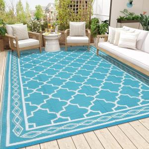 Garvee Large Outdoor Rugs 9×18 Waterproof Reversible Outdoor Plastic Straw Rugs, Easy Cleaning Patio Camping Carpet, All-Weather Outside Rugs for RV Patio Porch Deck Balcony (Grey/White)(Light Blue/White)