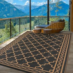 Garvee Large Outdoor Rugs 9×18 Waterproof Reversible Outdoor Plastic Straw Rugs, Easy Cleaning Patio Camping Carpet, All-Weather Outside Rugs for RV Patio Porch Deck Balcony (Grey/White)(Black/Brown)