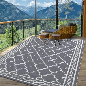 Garvee Large Outdoor Rugs 9×18 Waterproof Reversible Outdoor Plastic Straw Rugs, Easy Cleaning Patio Camping Carpet, All-Weather Outside Rugs for RV Patio Porch Deck Balcony (Grey/White)(Grey/White)