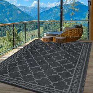 Garvee Large Outdoor Rugs 9×18 Waterproof Reversible Outdoor Plastic Straw Rugs, Easy Cleaning Patio Camping Carpet, All-Weather Outside Rugs for RV Patio Porch Deck Balcony (Grey/White)(Black/Grey)