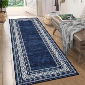 Garvee Modern Washable Rugs 5×7, Soft Non Slip Living Room Rugs Ultra Thin Low Pile Large Bedroom Carpet, Non Slip Modern Bordered Print Mat for Dining Room Nursery Playroom, Red Brown(Blue)