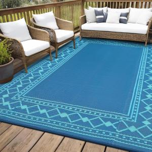 Garvee Outdoor Rug 9×12 Waterproof for Patio Clearance, Large Plastic Straw Mat for Camping, Porch, RV, Reversible Rugs for Deck Entryance Picnic Balcony Beach (White/Grey)(Green/Blue)