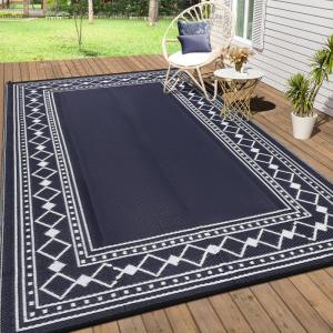 Garvee Outdoor Rug 9×12 Waterproof for Patio Clearance, Large Plastic Straw Mat for Camping, Porch, RV, Reversible Rugs for Deck Entryance Picnic Balcony Beach (White/Grey)(Black/Blue)