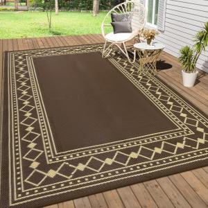 Garvee Outdoor Rug 9×12 Waterproof for Patio Clearance, Large Plastic Straw Mat for Camping, Porch, RV, Reversible Rugs for Deck Entryance Picnic Balcony Beach (White/Grey)(Brown/Coffee)
