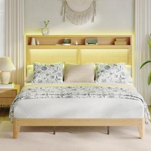 Garvee Rattan Bed Frame Queen with LED Lights & Charging Station,Bohemian Queen Rattan Bed Frame with 2 Tier Storage Headboard,Solid Wood Foundation with Silent Slats,No Box Spring(King)