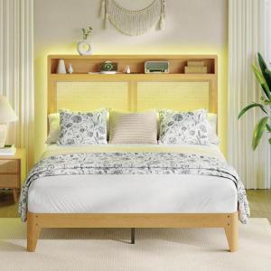Garvee Rattan Bed Frame Queen with LED Lights & Charging Station,Bohemian Queen Rattan Bed Frame with 2 Tier Storage Headboard,Solid Wood Foundation with Silent Slats,No Box Spring(Full)