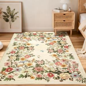 Garvee Rugs for Living Room 3×5, Washable Floral Area Rug Non Slip Soft, Low Pile Ultra-Thin Carpet for Entryway, Kitchen, Bedroom, Black(Beige)