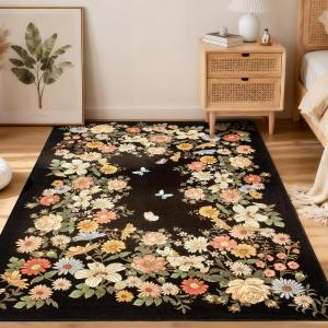 Garvee Rugs for Living Room 3×5, Washable Floral Area Rug Non Slip Soft, Low Pile Ultra-Thin Carpet for Entryway, Kitchen, Bedroom, Black(Black)