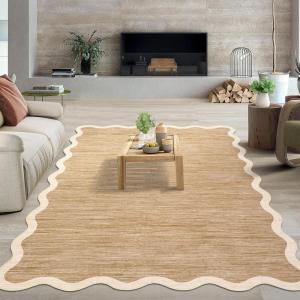 Garvee Scalloped Washable Rug 9×12 Area Rug for Bedroom Living Room Rug Modern Non Slip Large Area Rug Soft Throw Rugs Low Pile Stain Resistant Carpet for Dining Room Nursery Office, Blue 9’x12′(Scalloped02|light Brown)