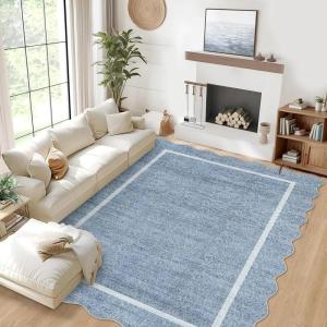 Garvee Scalloped Washable Rug 9×12 Area Rug for Bedroom Living Room Rug Modern Non Slip Large Area Rug Soft Throw Rugs Low Pile Stain Resistant Carpet for Dining Room Nursery Office, Blue 9’x12′(Scalloped01|blue)