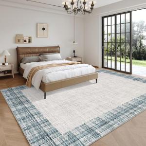 Garvee Solid Washable 9×12 Rugs for Living Room Border Plaid Rug Non-Slip Stain-Resistant Rugs Clearance Modern Low-Pile Carpet 9 x 12 Rug for Bedroom Dining Farmhouse Mat with Rubber Back,Tan(Blue-plaid)
