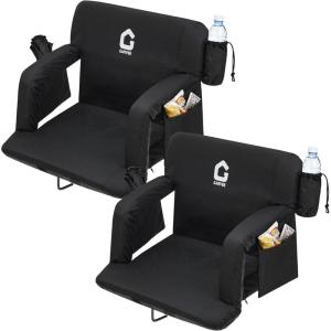 Garvee Stadium Seats with Back Support and Padded Cushion – Extra Wide Bleacher Chair with Anti-Slip Mat – Reclining Stadium Football Seats – 6 Adjustable Angle, Large Pockets, Cup Holders(Black)