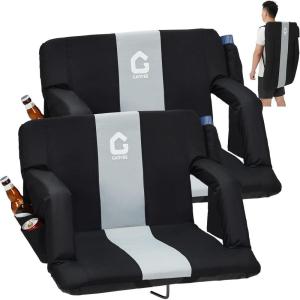 Garvee Stadium Seats with Back Support and Padded Cushion – Extra Wide Bleacher Chair with Anti-Slip Mat – Reclining Stadium Football Seats – 6 Adjustable Angle, Large Pockets, Cup Holders(Grey)