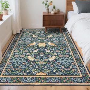 Garvee Washable Rug 8×10 Area Rugs for Living Room Vintage Non Slip Throw Rugs Distressed Large Rugs for Bedroom Low Pile Soft Non Shedding Stain Resistant Carpet for Dining Room 8’x10′ Black(Bird|blue)