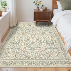 Garvee Washable Rug 8×10 Area Rugs for Living Room Vintage Non Slip Throw Rugs Distressed Large Rugs for Bedroom Low Pile Soft Non Shedding Stain Resistant Carpet for Dining Room 8’x10′ Black(Bird|beige)
