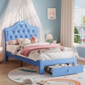 GarveeHome LED Twin Bed Frame for Kids with Beauty Crystal Button Headboard, Upholstered PU Leather Platform Princess Bed with Storage Drawer, Noise-Free, Easy Assembly, Easy Clean, Pink | led(Blue)
