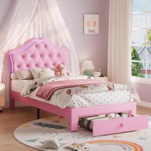 GarveeHome LED Twin Bed Frame for Kids with Beauty Crystal Button Headboard, Upholstered PU Leather Platform Princess Bed with Storage Drawer, Noise-Free, Easy Assembly, Easy Clean, Pink | led(Pink)