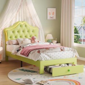 GarveeHome LED Twin Bed Frame for Kids with Beauty Crystal Button Headboard, Upholstered PU Leather Platform Princess Bed with Storage Drawer, Noise-Free, Easy Assembly, Easy Clean, Pink | led(Avocado Green)