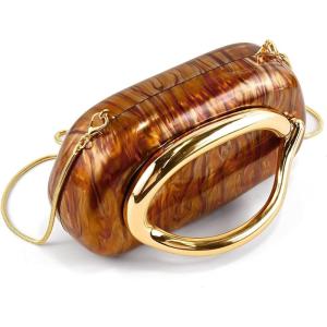 Women’s Gold Purse with Removable Chain – Acrylic Evening Bag for Wedding, Party, Prom, Cocktail (Vintage Style Bag)(Brown)