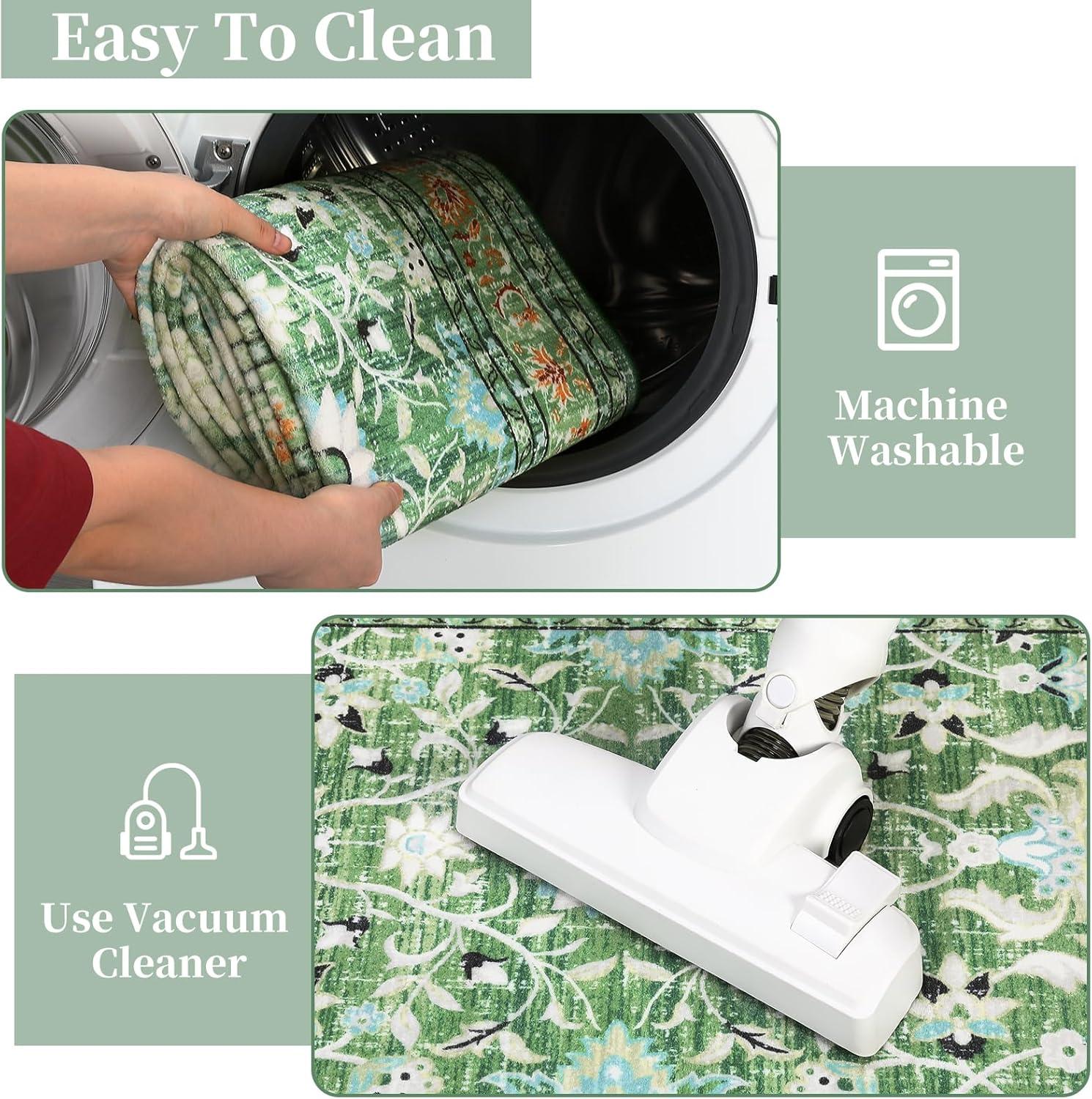 image:imageGarvee 5x7 Living Room Rugs Machine Washable Area Rugs Vintage Bordered Floor Cover Carpet with Non Slip Backing Non Shedding Low Pile Soft Mats for Bedroom Nursery Office GreenFloralgreen
