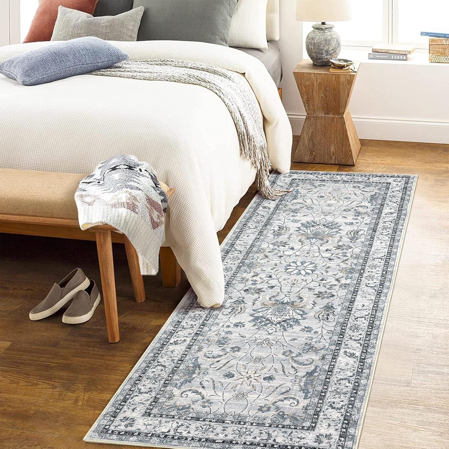 image:imageGarvee 5x7 Living Room Rugs Machine Washable Area Rugs Vintage Bordered Floor Cover Carpet with Non Slip Backing Non Shedding Low Pile Soft Mats for Bedroom Nursery Office GreenFloralgrey