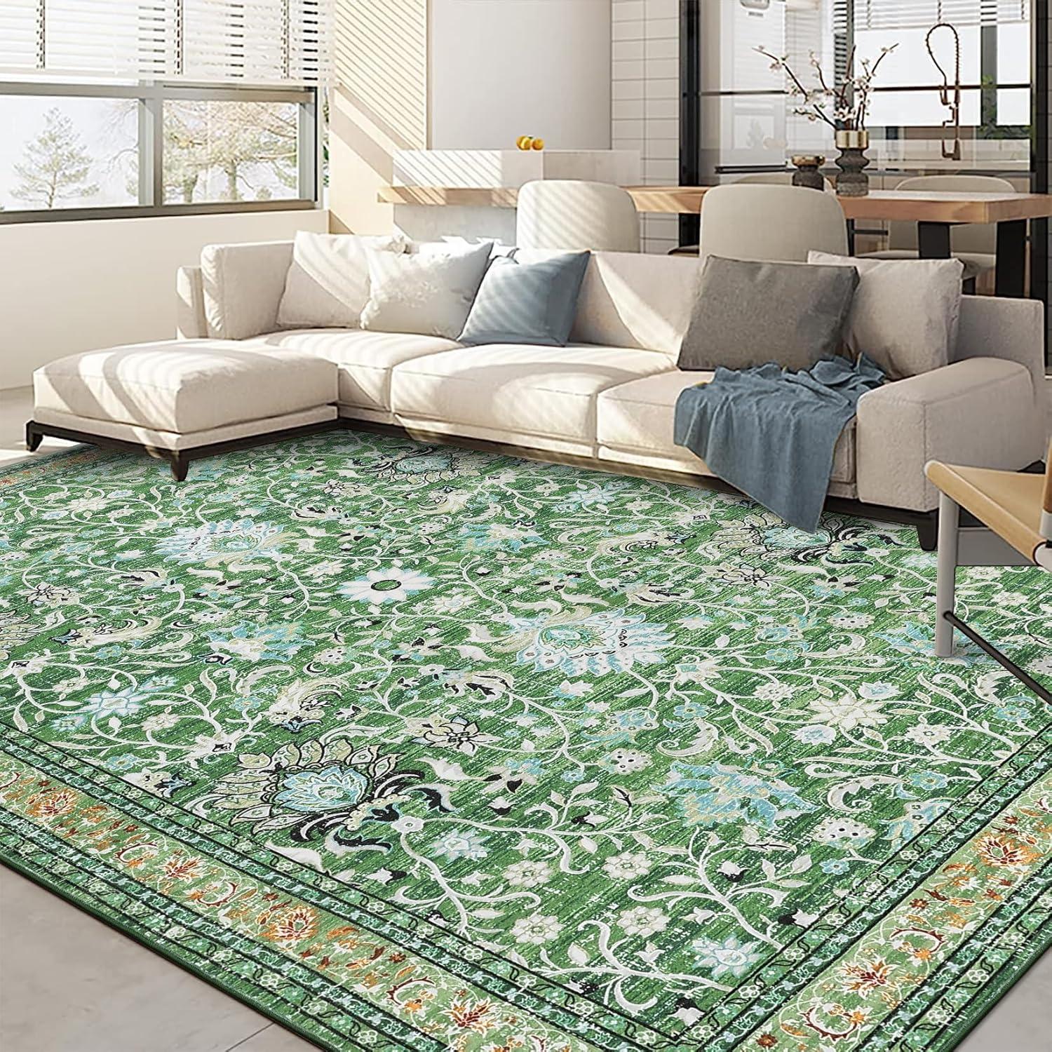 image:imageGarvee 5x7 Living Room Rugs Machine Washable Area Rugs Vintage Bordered Floor Cover Carpet with Non Slip Backing Non Shedding Low Pile Soft Mats for Bedroom Nursery Office GreenFloralgreen