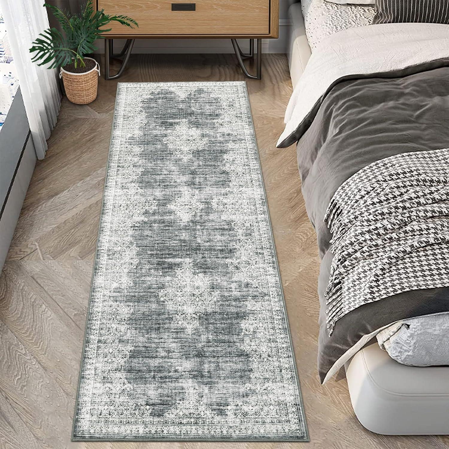 image:imageGarvee 5x7 Living Room Rugs Machine Washable Area Rugs Vintage Bordered Floor Cover Carpet with Non Slip Backing Non Shedding Low Pile Soft Mats for Bedroom Nursery Office GreenBorderedgrey
