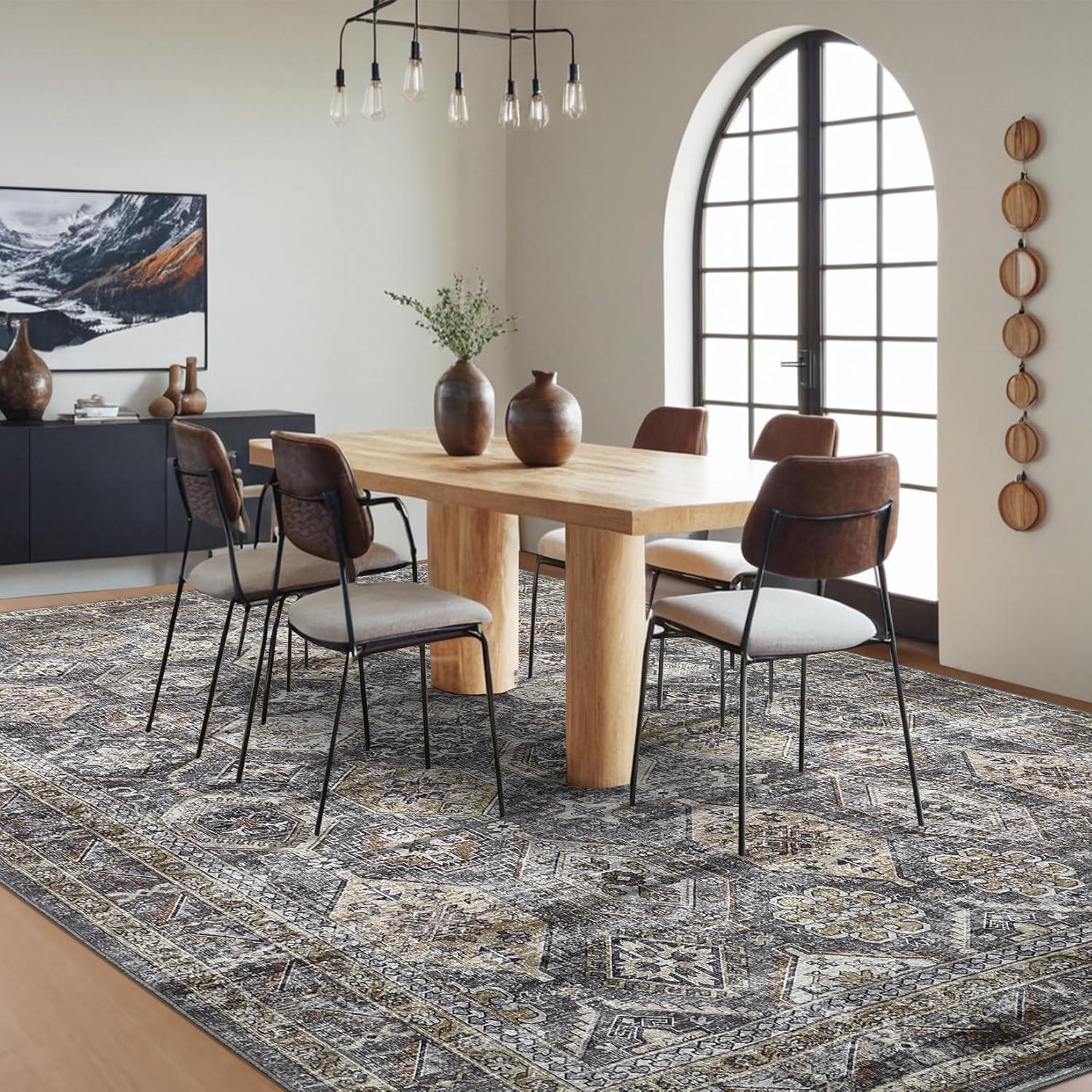 image:imageGarvee 5x7 Living Room Rugs Machine Washable Area Rugs Vintage Bordered Floor Cover Carpet with Non Slip Backing Non Shedding Low Pile Soft Mats for Bedroom Nursery Office GreenDistressedblueGrey