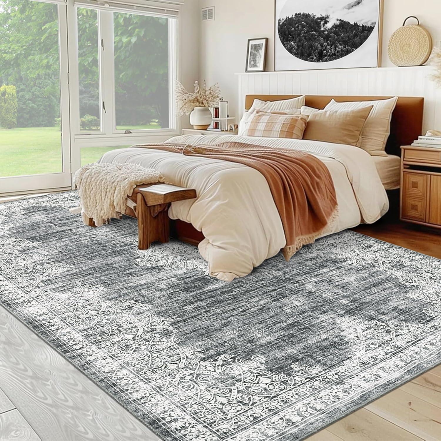 image:imageGarvee 5x7 Living Room Rugs Machine Washable Area Rugs Vintage Bordered Floor Cover Carpet with Non Slip Backing Non Shedding Low Pile Soft Mats for Bedroom Nursery Office GreenBorderedgrey