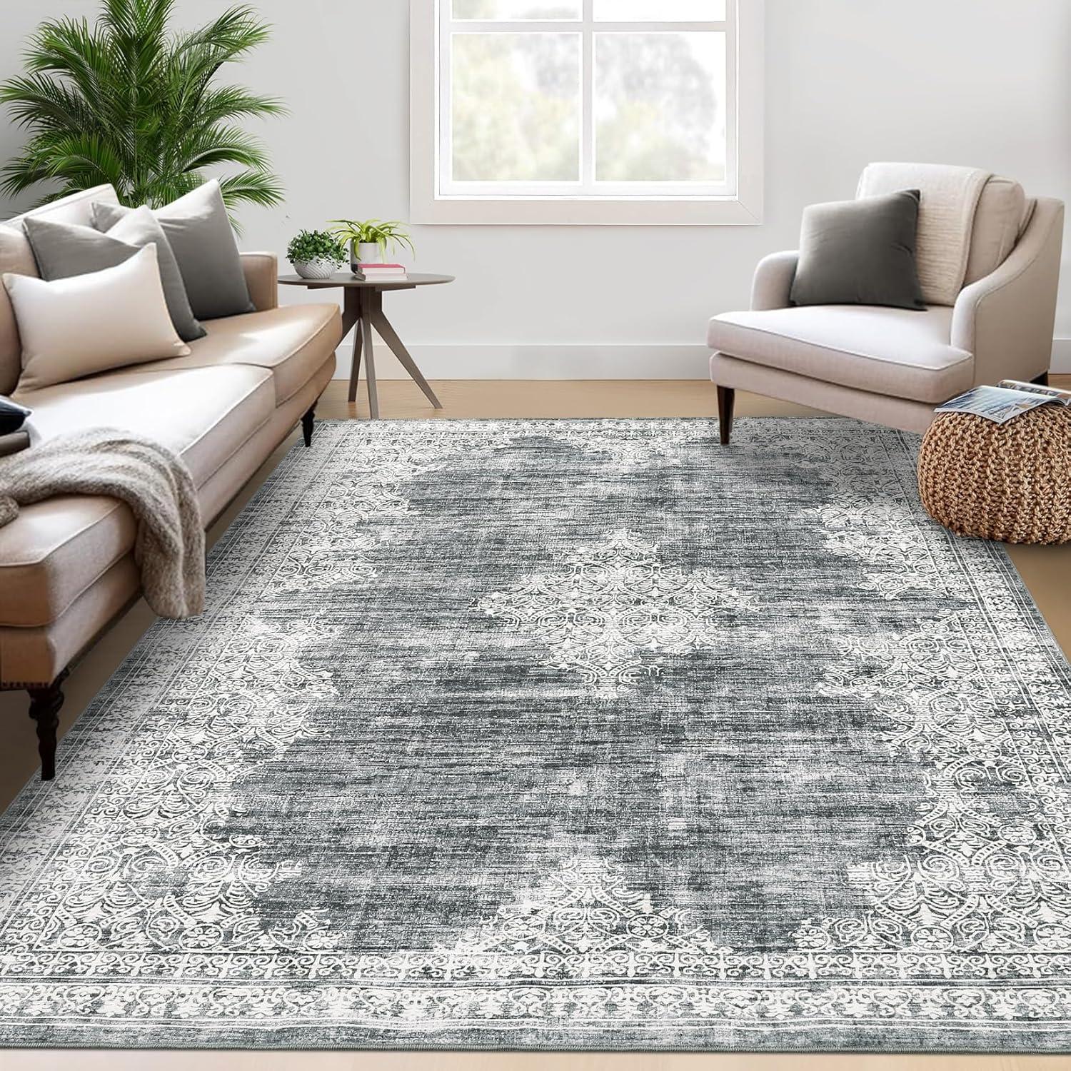 image:imageGarvee 5x7 Living Room Rugs Machine Washable Area Rugs Vintage Bordered Floor Cover Carpet with Non Slip Backing Non Shedding Low Pile Soft Mats for Bedroom Nursery Office GreenBorderedgrey