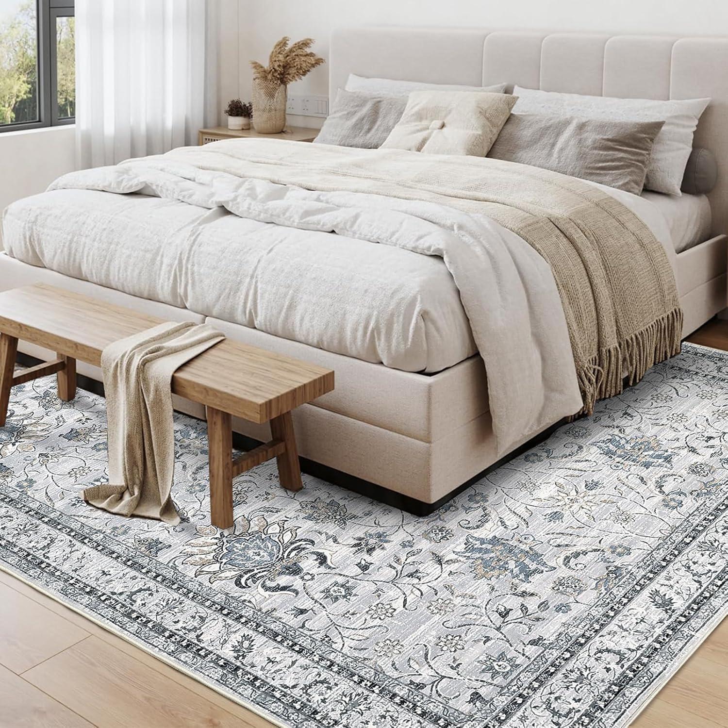 image:imageGarvee 5x7 Living Room Rugs Machine Washable Area Rugs Vintage Bordered Floor Cover Carpet with Non Slip Backing Non Shedding Low Pile Soft Mats for Bedroom Nursery Office GreenFloralgrey