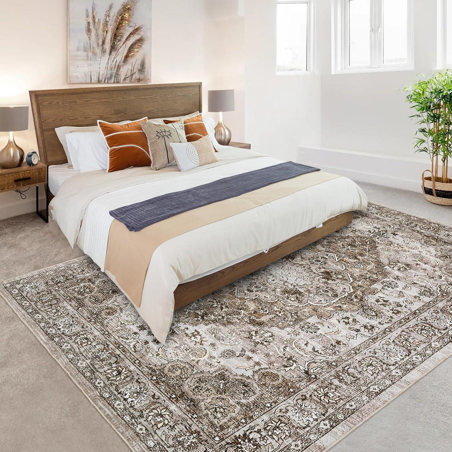 image:imageGarvee 5x7 Living Room Rugs Machine Washable Area Rugs Vintage Bordered Floor Cover Carpet with Non Slip Backing Non Shedding Low Pile Soft Mats for Bedroom Nursery Office GreenFarmhousebrown