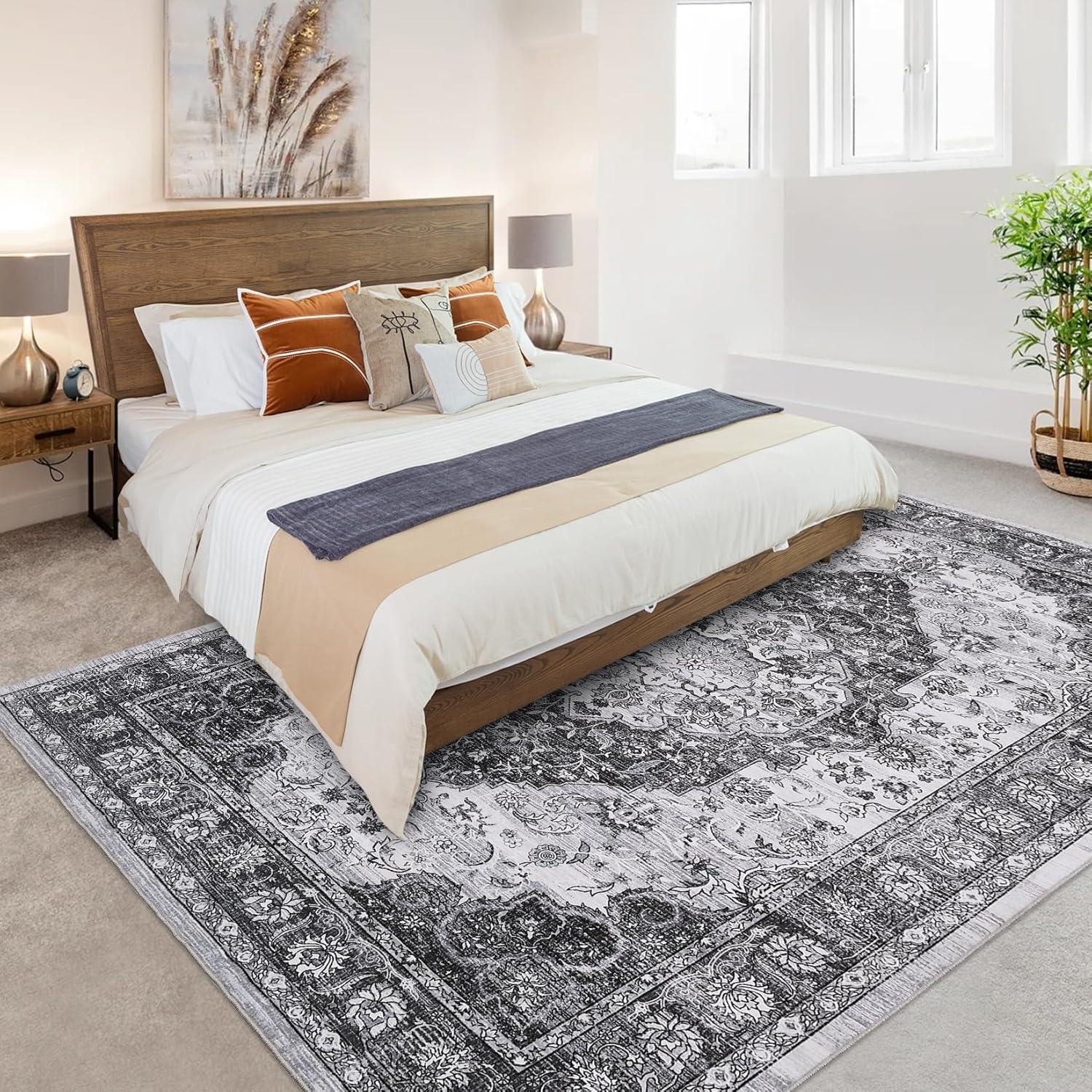 image:imageGarvee 5x7 Living Room Rugs Machine Washable Area Rugs Vintage Bordered Floor Cover Carpet with Non Slip Backing Non Shedding Low Pile Soft Mats for Bedroom Nursery Office GreenFarmhousegrey