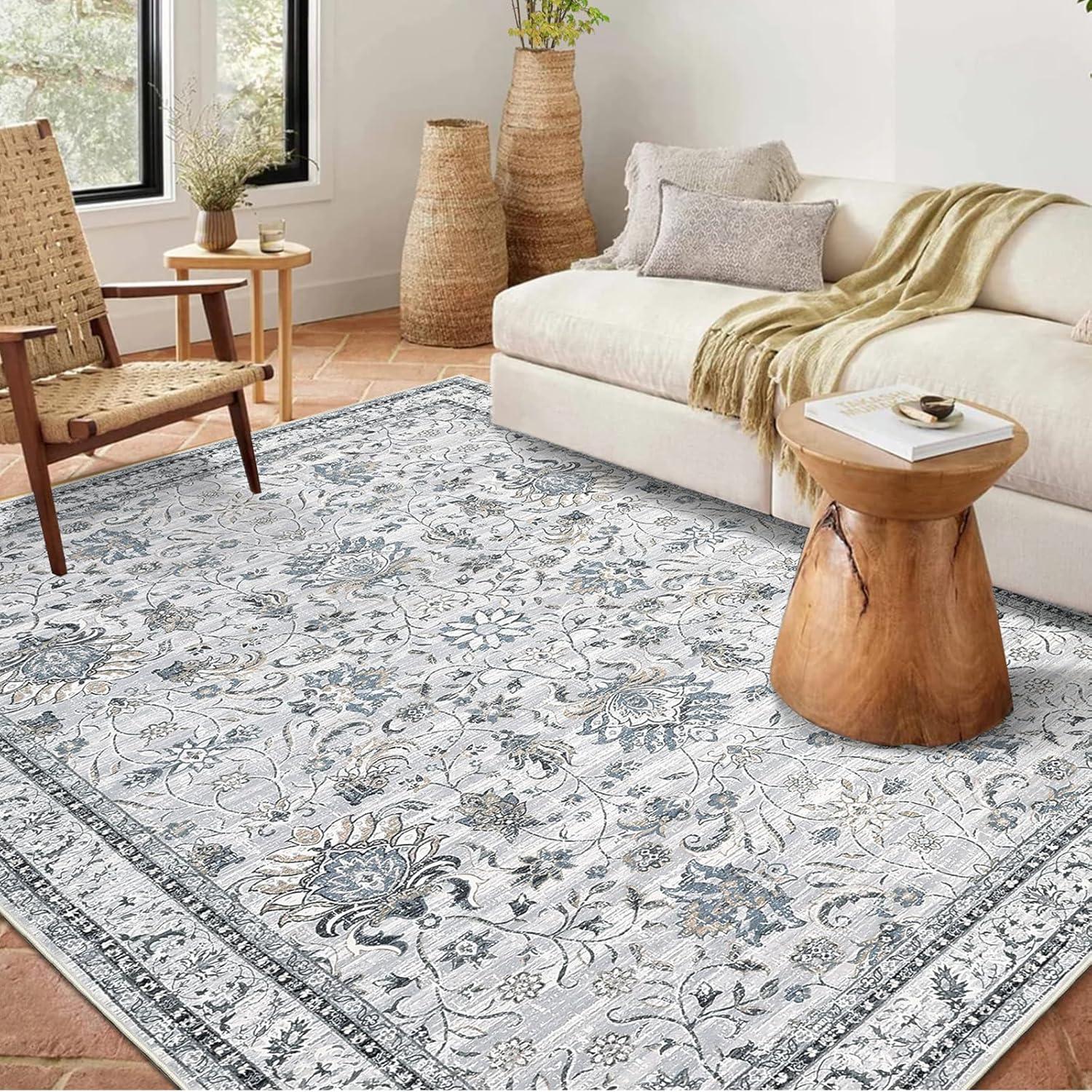 image:imageGarvee 5x7 Living Room Rugs Machine Washable Area Rugs Vintage Bordered Floor Cover Carpet with Non Slip Backing Non Shedding Low Pile Soft Mats for Bedroom Nursery Office GreenFloralgrey