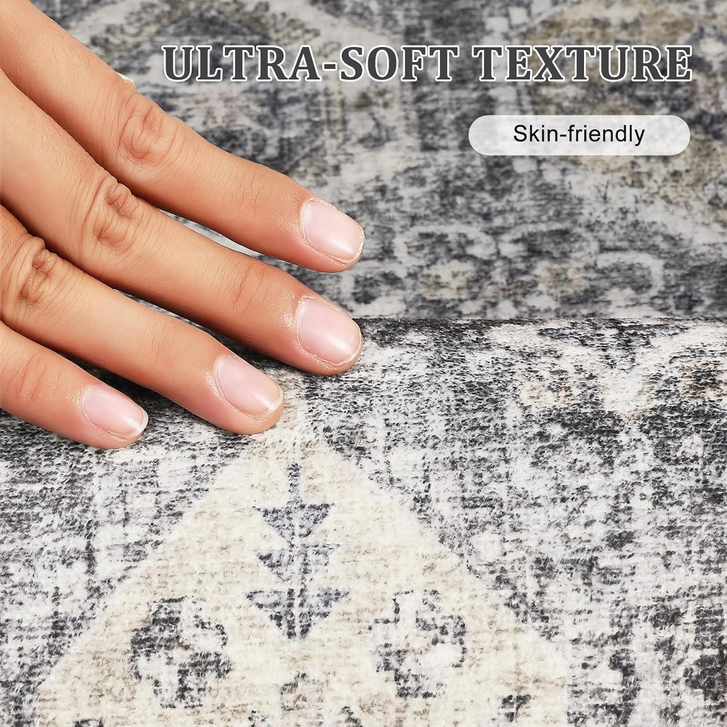 image:imageGarvee 5x7 Living Room Rugs Machine Washable Area Rugs Vintage Bordered Floor Cover Carpet with Non Slip Backing Non Shedding Low Pile Soft Mats for Bedroom Nursery Office GreenDistressedblueGrey