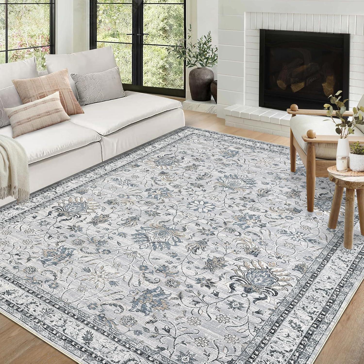 image:imageGarvee 5x7 Living Room Rugs Machine Washable Area Rugs Vintage Bordered Floor Cover Carpet with Non Slip Backing Non Shedding Low Pile Soft Mats for Bedroom Nursery Office GreenFloralgrey