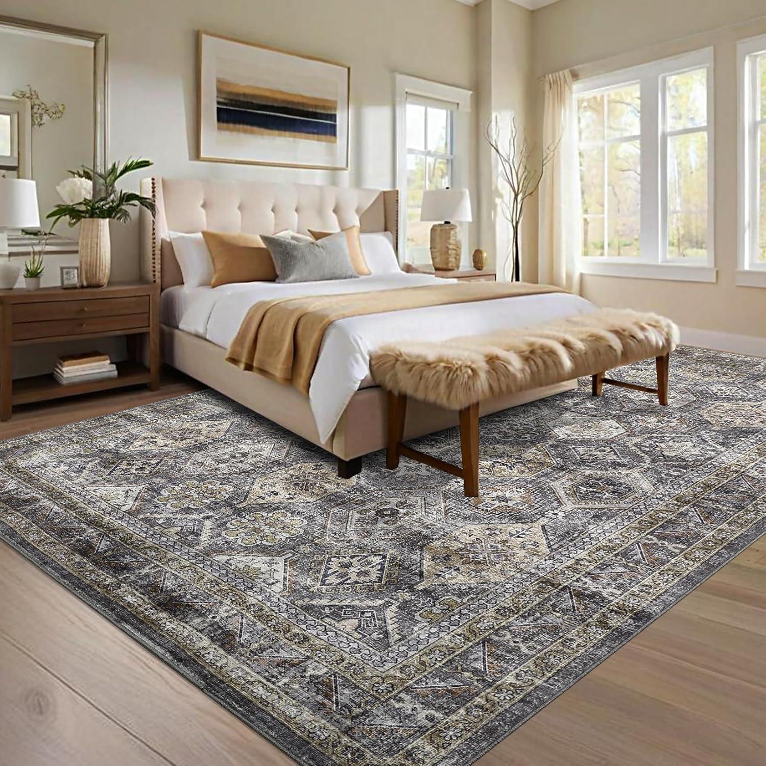 image:imageGarvee 5x7 Living Room Rugs Machine Washable Area Rugs Vintage Bordered Floor Cover Carpet with Non Slip Backing Non Shedding Low Pile Soft Mats for Bedroom Nursery Office GreenDistressedblueGrey