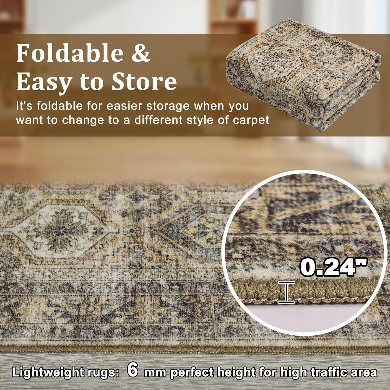 image:imageGarvee 5x7 Living Room Rugs Machine Washable Area Rugs Vintage Bordered Floor Cover Carpet with Non Slip Backing Non Shedding Low Pile Soft Mats for Bedroom Nursery Office GreenDistressedtaupe