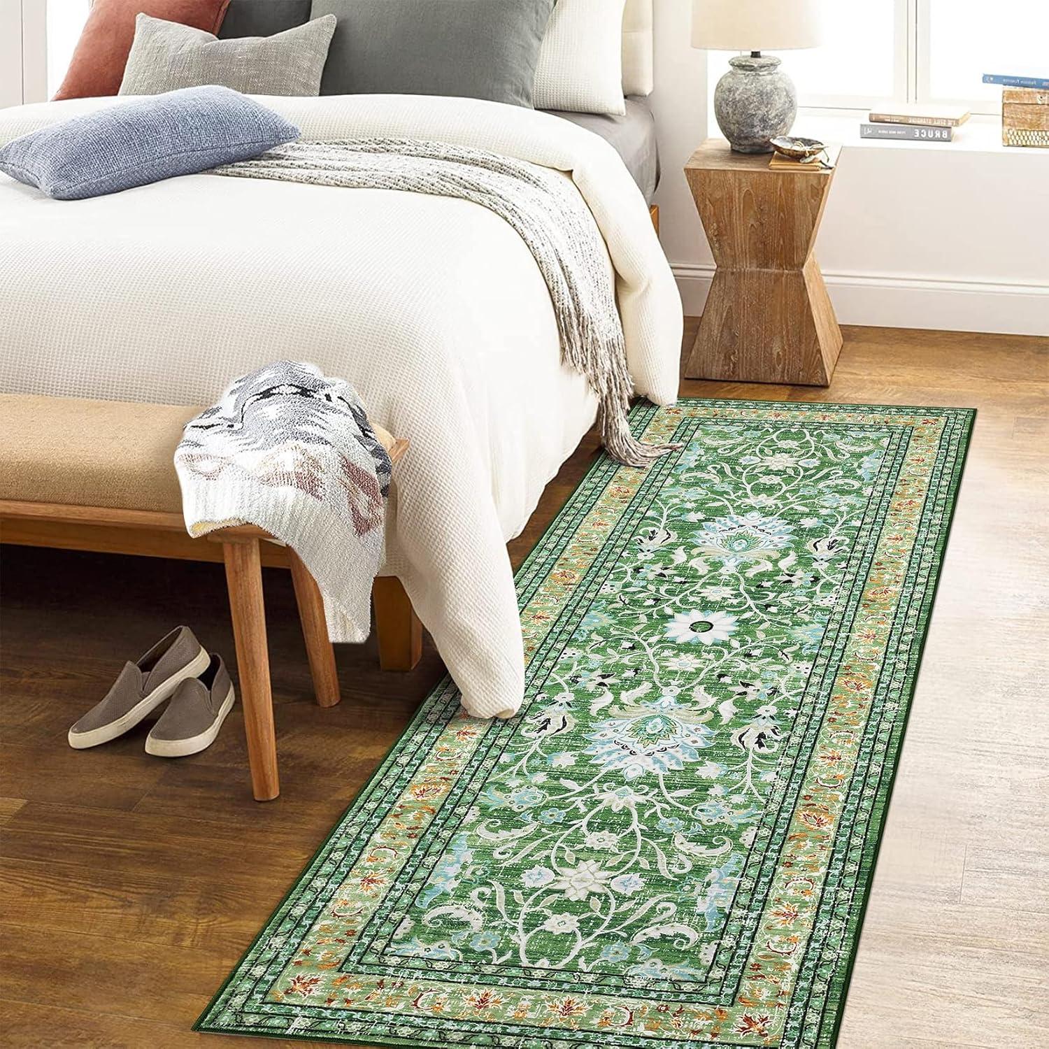 image:imageGarvee 5x7 Living Room Rugs Machine Washable Area Rugs Vintage Bordered Floor Cover Carpet with Non Slip Backing Non Shedding Low Pile Soft Mats for Bedroom Nursery Office GreenFloralgreen